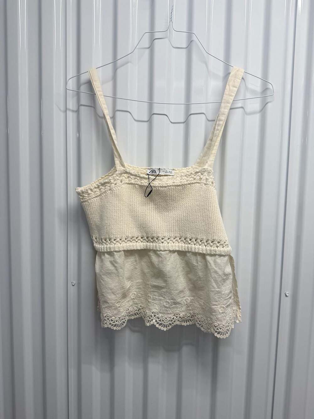 Zara Women's Cream Knit Camisole Tank Top with Embroidered Hem Detail